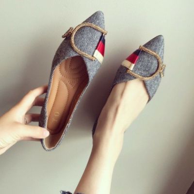 予約＊ 2color リボン 金具 ヘリンボーン フラット パンプス