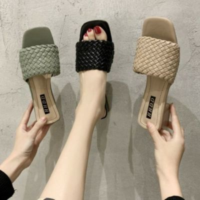 即納 4color イントレチャート 幅広 スクエアトゥ ミュール サンダル heel 5cm
