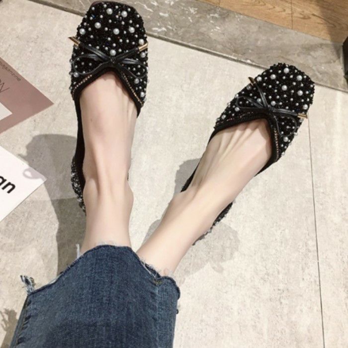 可愛い❤︎希少カラー★リボンフラットシューズハラコゼブラ バイカラー23.5 即納* 3color ラウンドトゥ リボン ビジュー パール vカット