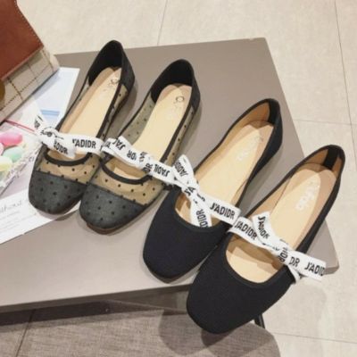 予約* 2color レタリング リボン シースルー ドット フラットシューズ