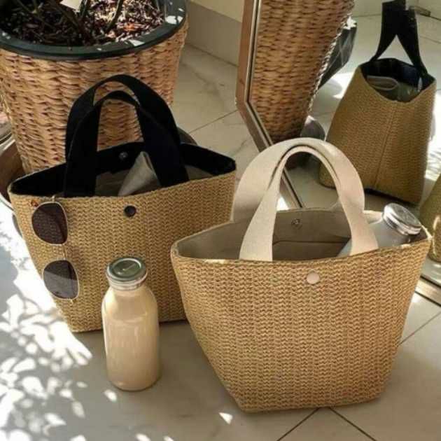 予約* 2color ラタン キャンバス ハンドル トートバッグ かごバッグ  