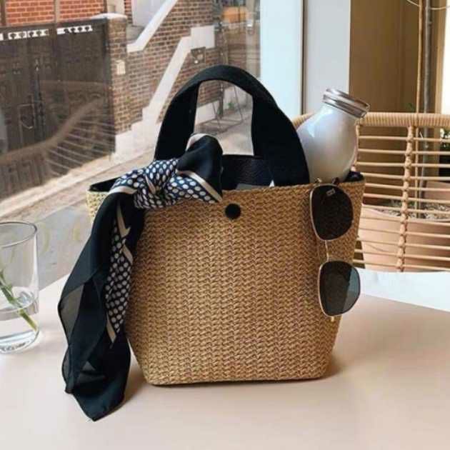 予約* 2color ラタン キャンバス ハンドル トートバッグ かごバッグ  