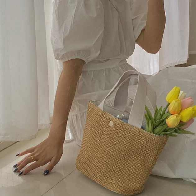 予約* 2color ラタン キャンバス ハンドル トートバッグ かごバッグ  