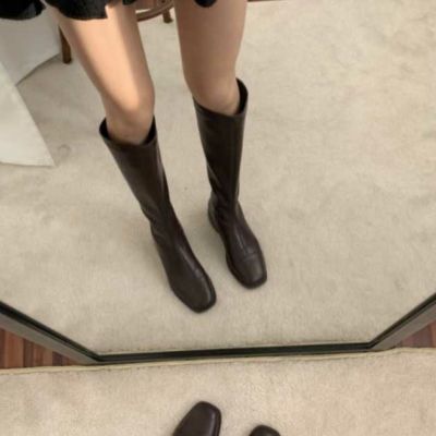 即納  スクエアトゥ シンプル デザイン ロングブーツ heal3cm