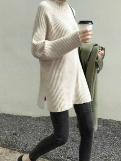 一部即納 3color シンプル リブ チュニック ニット