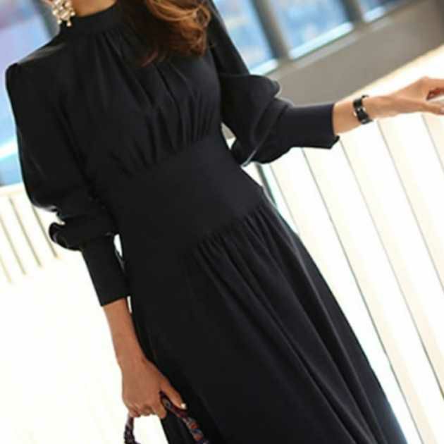 予約 クラシカル ハイネック ウエストリブ ワンピース ロング丈 Lilirena