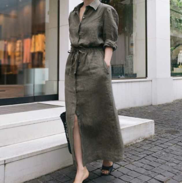 予約 フロント スリット ウエストマーク ロング シャツワンピース  