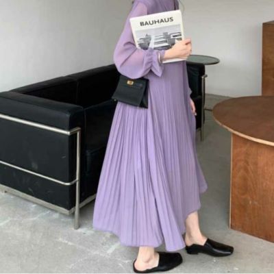 予約 4color シアー袖 キャンディスリーブ フリル スタンドカラー プリーツ ロングワンピース
