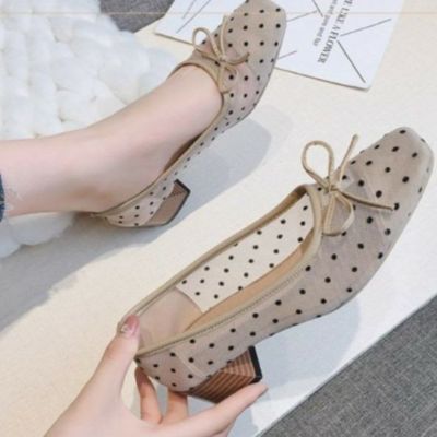 即納* 2color シースルー ドット デザイン シアー リボン スクエアトゥ パンプス 4cm heel