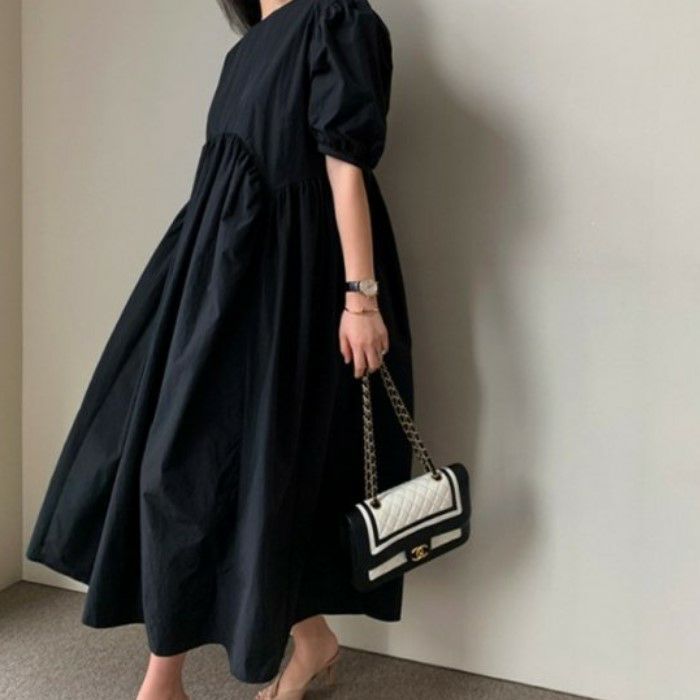 予約 3color 半袖 パフスリーブ ウエストシェイプ フレア ロングワンピース 袖コンシャス Lilirena