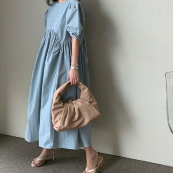 予約 3color クルーネック パフスリーブ 胸下 切替デザイン フレア 半袖 ロングワンピース Lilirena