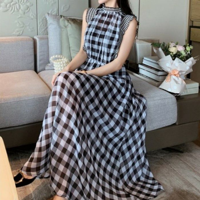 予約 モノトーン ギンガムチェック フリル袖 ウエスト切替 フレア ロング ワンピース Lilirena 予約 モノトーン ギンガムチェック フリル袖 ウエスト切替 フレア ロング ワンピース Lilirena