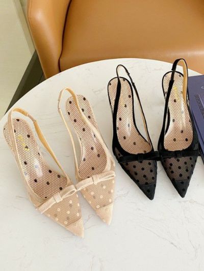 予約 2color シアー ドット サンダル スリングバック シューズ リボン heel7.5cm