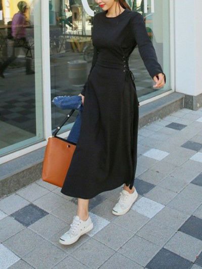 予約 レースアップ 編み上げ ロング 長袖 ワンピース