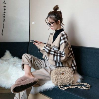 即納 3color ドッキング Vネック ニット ブロック チェック柄 トップス