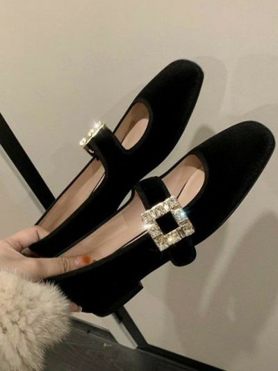 一部即納 2type スクエアトゥ ビジュー バレリーナ ストラップ シューズ  heel 1cm 4.5cm