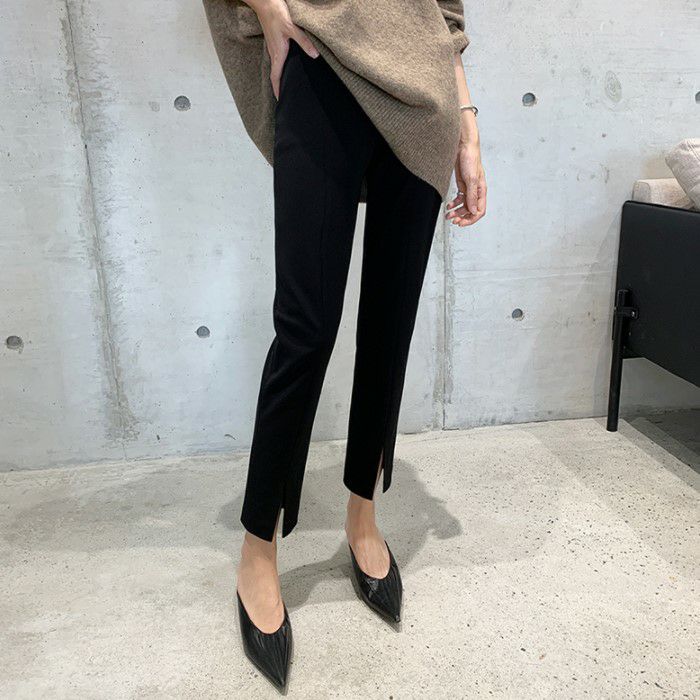 スリットテーパードパンツ34 セール☆1990円→1290円 ウーリッシュツイルフロントスリット