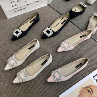 予約 3color ビジュー　ポインテッドトゥ フラット パンプス  heel 2cm