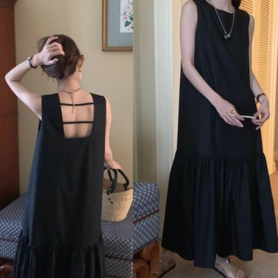 予約 3color バックオープン 裾フレア ロング ワンピース