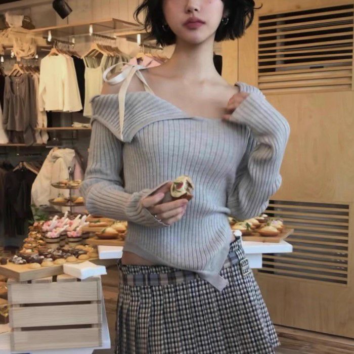 予約 オープンショルダー リボン アシンメトリー リブ ニット | LiLiRena