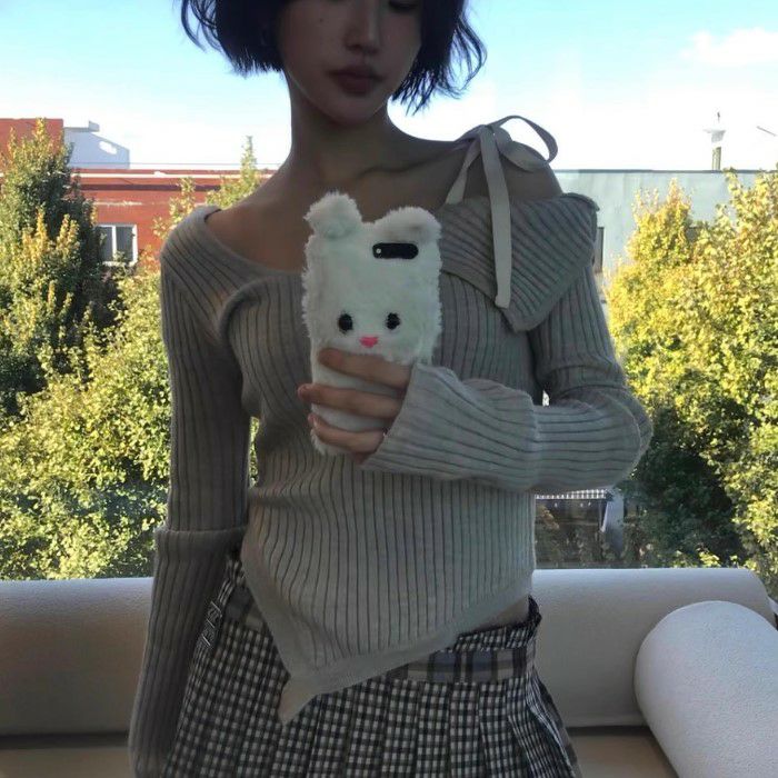 予約 オープンショルダー リボン アシンメトリー リブ ニット | LiLiRena