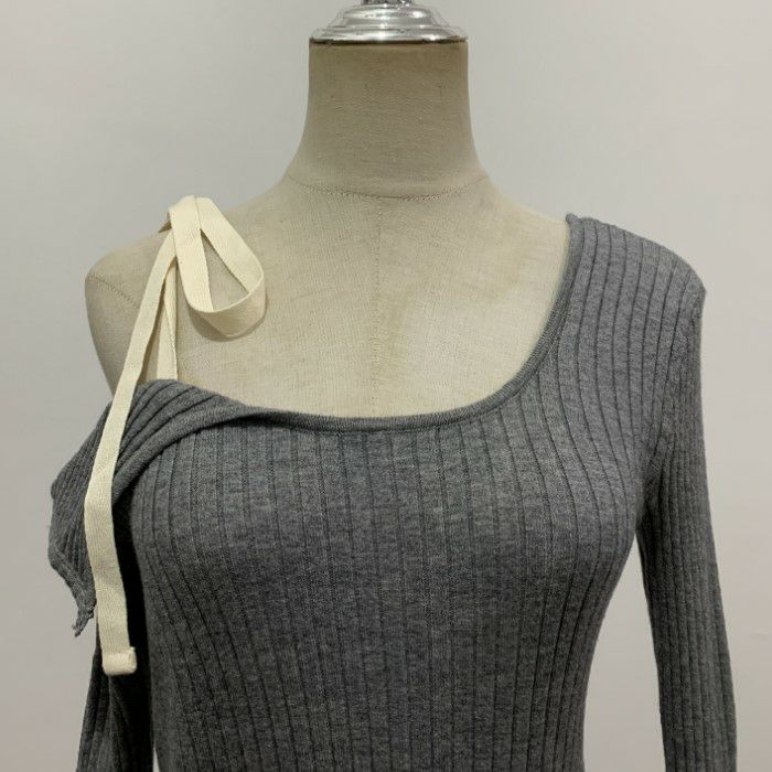 予約 オープンショルダー リボン アシンメトリー リブ ニット | LiLiRena