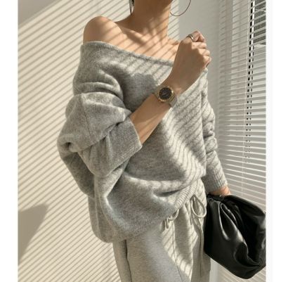 即納 3color アシンメトリー オフショルダー ニット