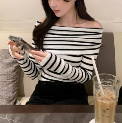 予約 3color オフショルダー ロングスリーブ リブニット
