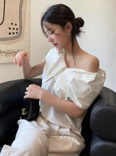 予約 2color アシンメトリー オフショルダー シャツ プルオーバー