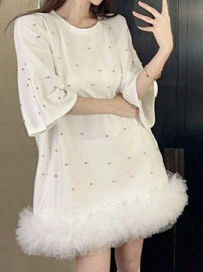 予約 3color Tulle trim dot stone ワンピース