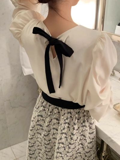 予約 ２color バックリボン ベルスリーブ シフォン シャツ