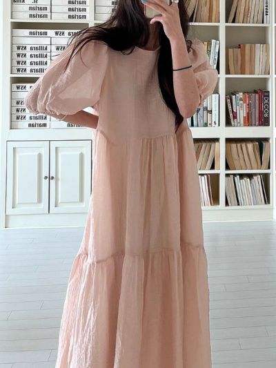 予約 2color シアー ボリューム袖 ティアード シフォン ロング ワンピース