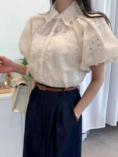 予約　2color カットワーク スカラップカラー パフスリーブ シャツ