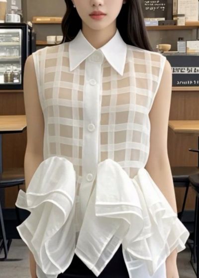 予約 襟付き  フリルノースリーブ チェックシャツ